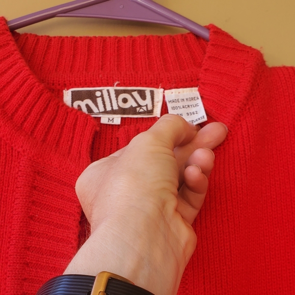 Unisex Vintage 1980s Millay Red Knit acrylic Short sleeve Open Front Cardigan - Picture 6 of 6